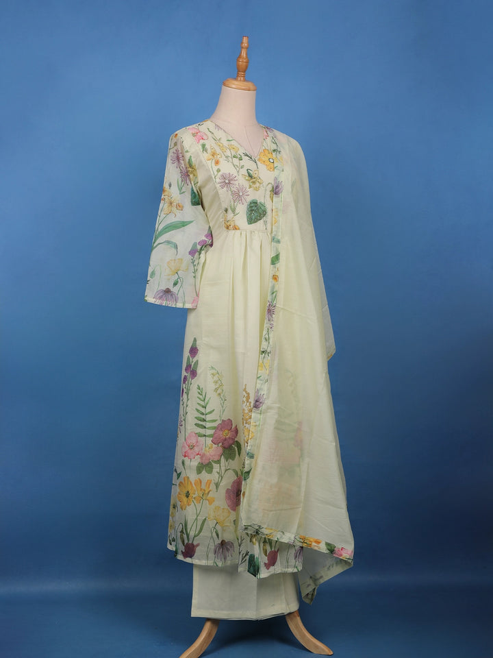 Lemon Yellow Floral Printed Cotton Anarkali Salwar Suit Set - Diadem