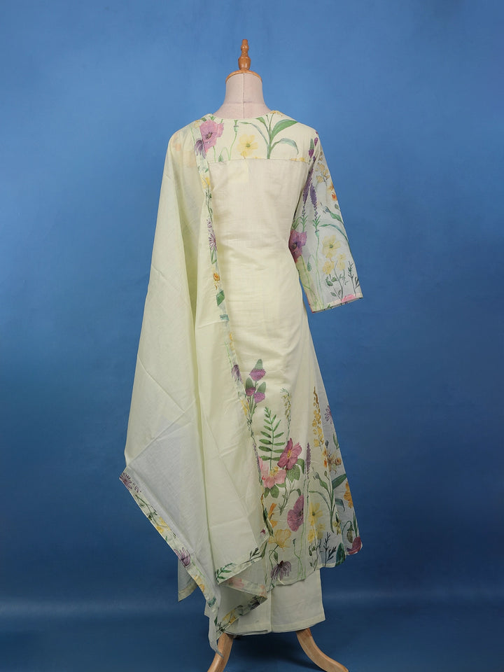 Lemon Yellow Floral Printed Cotton Anarkali Salwar Suit Set - Diadem