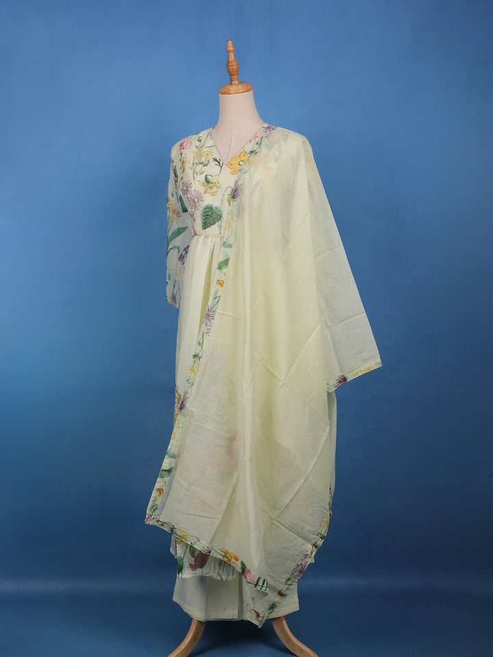 Lemon Yellow Floral Printed Cotton Anarkali Salwar Suit Set - Diadem