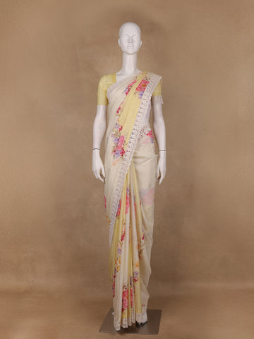 Lemon Yellow Floral Printed Synthetic Saree - Diadem