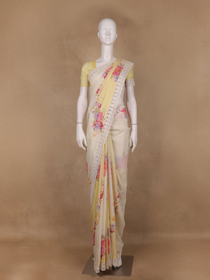 Lemon Yellow Floral Printed Synthetic Saree - Diadem