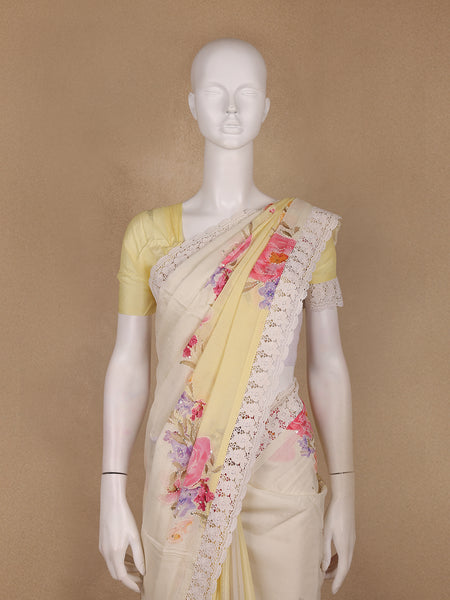 Lemon Yellow Floral Printed Synthetic Saree - Diadem