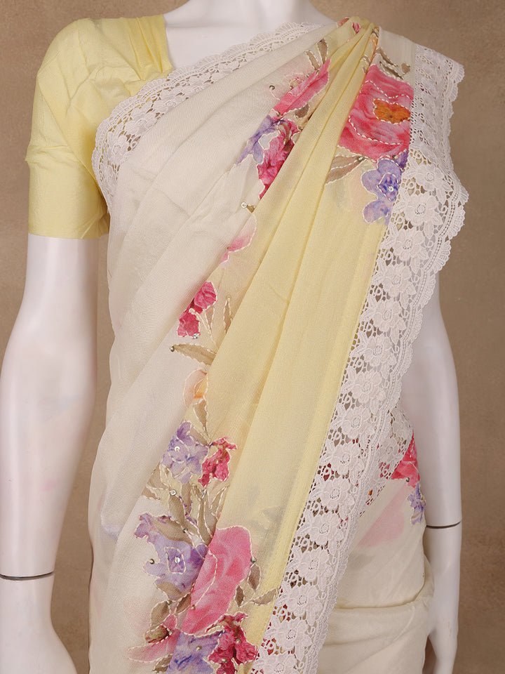 Lemon Yellow Floral Printed Synthetic Saree - Diadem