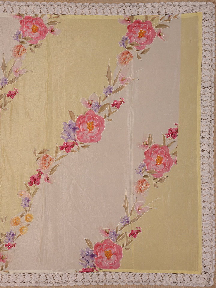 Lemon Yellow Floral Printed Synthetic Saree - Diadem