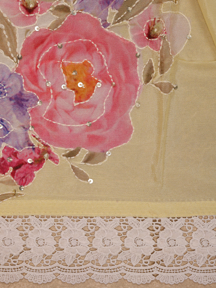 Lemon Yellow Floral Printed Synthetic Saree - Diadem