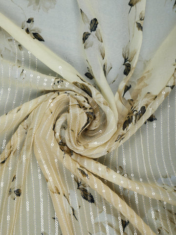 Light Beige Floral Print Sequin Design Chiffon Saree - Diadem