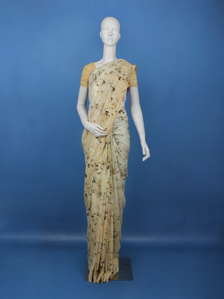 Light Beige Floral Print Sequin Design Chiffon Saree - Diadem