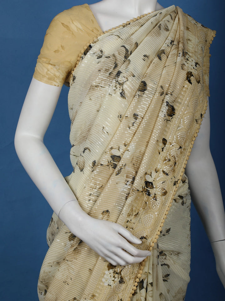 Light Beige Floral Print Sequin Design Chiffon Saree - Diadem