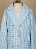 Light Blue And White Houndstooth Pattern Double-Breasted Blazer With Gold Buttons