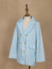 Light Blue And White Houndstooth Pattern Double-Breasted Blazer With Gold Buttons