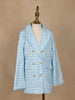 Light Blue And White Houndstooth Pattern Double-Breasted Blazer With Gold Buttons