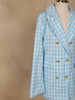 Light Blue And White Houndstooth Pattern Double-Breasted Blazer With Gold Buttons