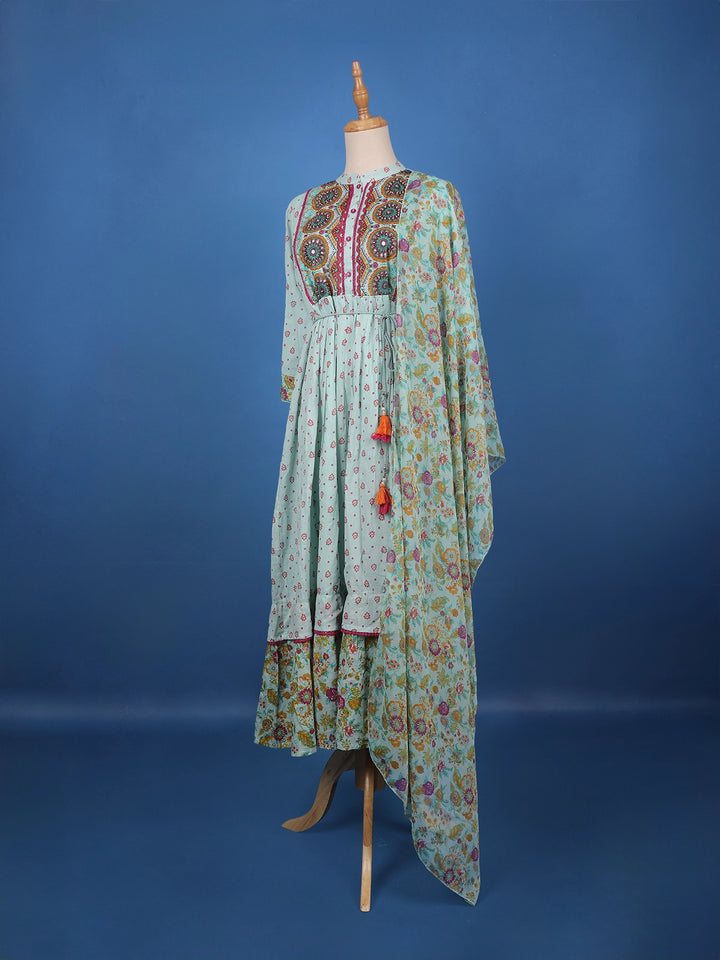 Light Blue Floral Designed Cotton Kurti - Diadem