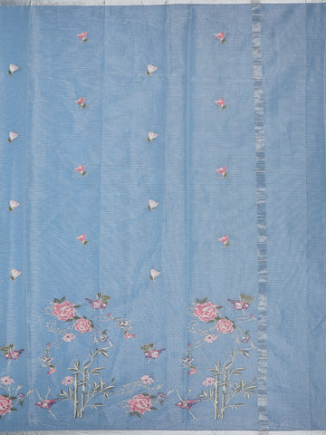 Light Blue Floral Embroidered Kota Cotton Saree - Diadem
