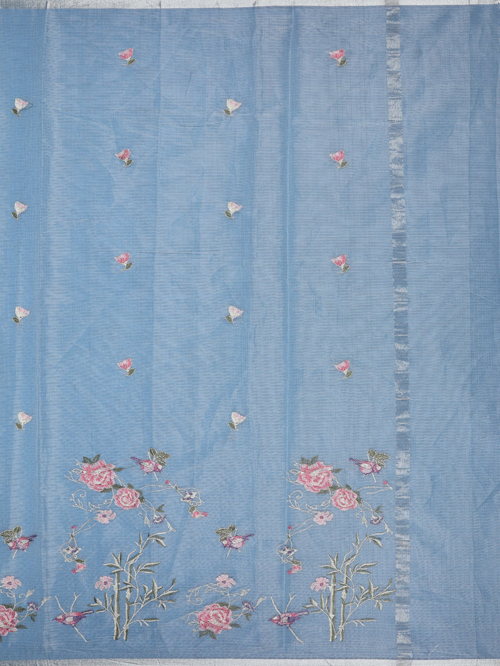 Light Blue Floral Embroidered Kota Cotton Saree - Diadem