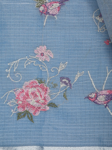 Light Blue Floral Embroidered Kota Cotton Saree - Diadem