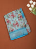 Light Blue Floral Printed Design Chiffon Casual Saree with Striped Border