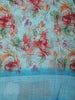 Light Blue Floral Printed Design Chiffon Casual Saree with Striped Border