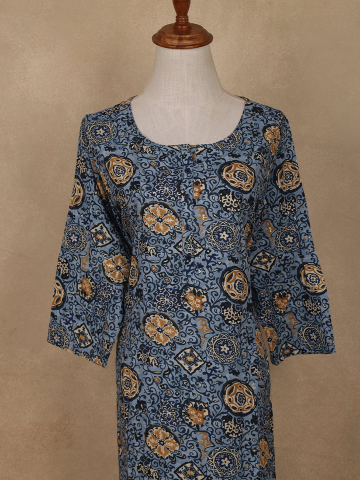 Light Blue Floral Printed Rayon Kurti - Diadem
