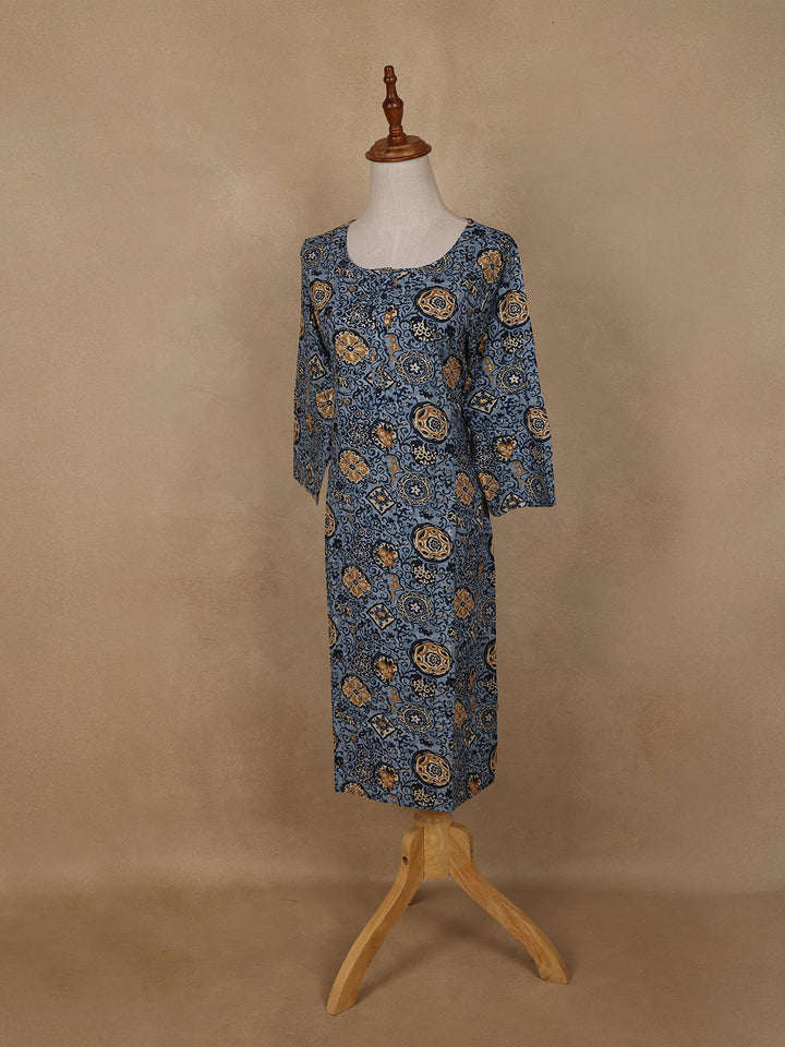 Light Blue Floral Printed Rayon Kurti - Diadem
