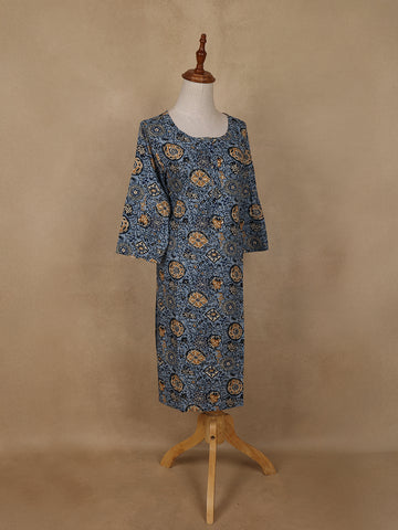 Light Blue Floral Printed Rayon Kurti - Diadem