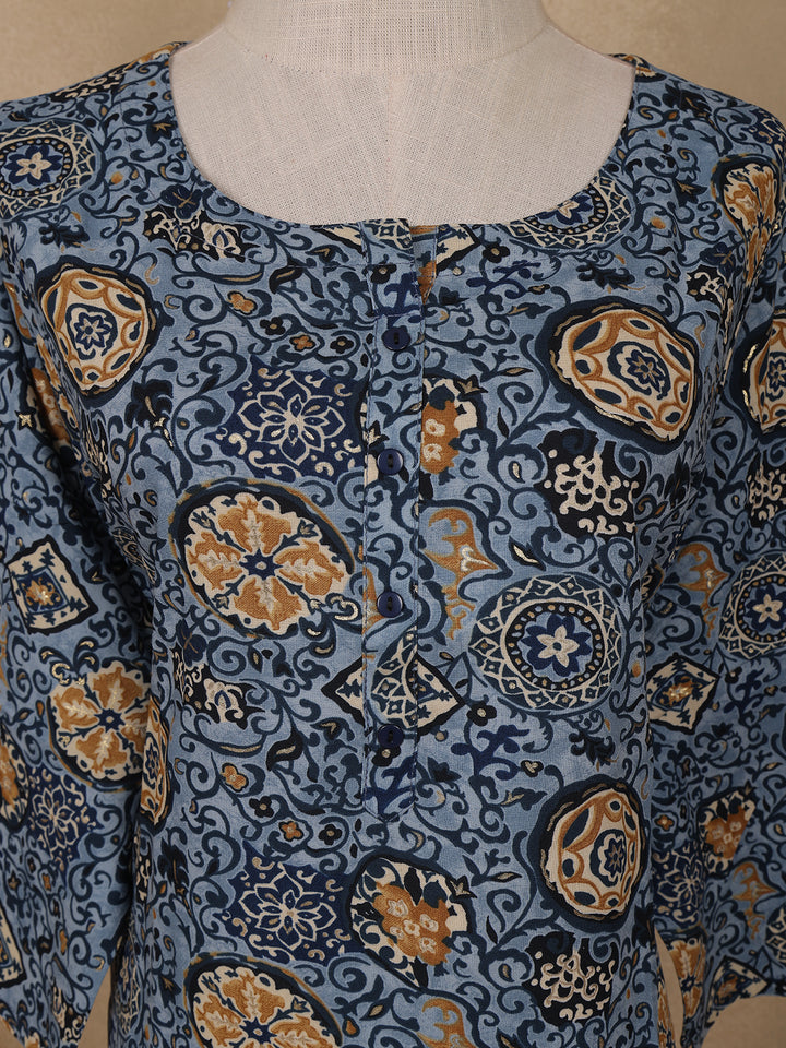 Light Blue Floral Printed Rayon Kurti - Diadem