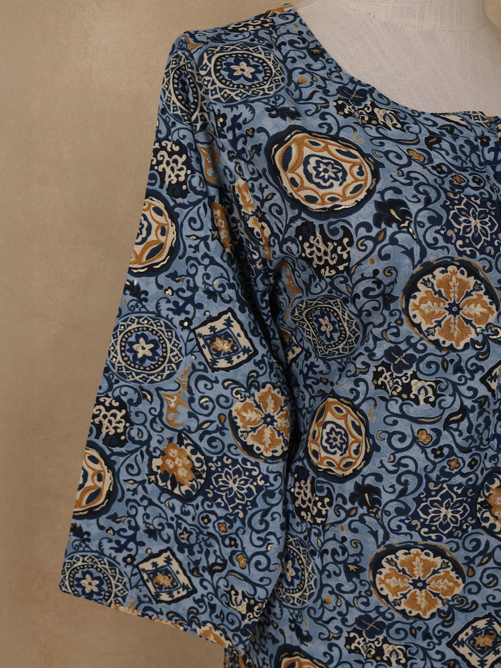 Light Blue Floral Printed Rayon Kurti - Diadem