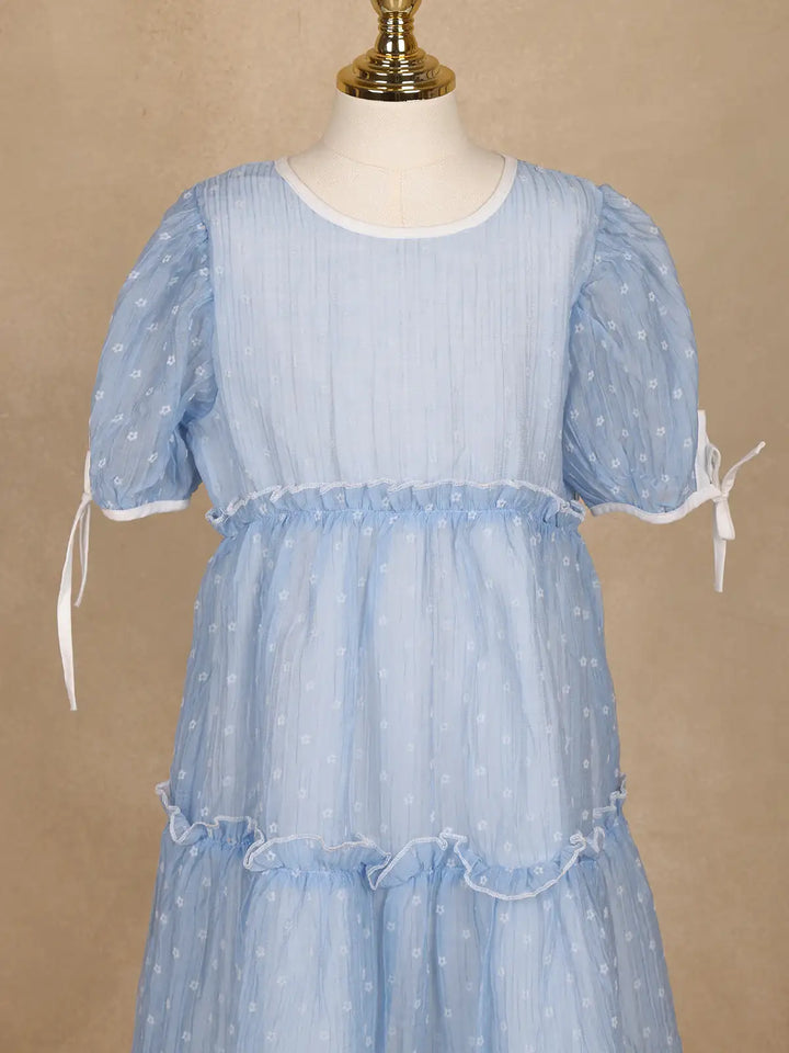 Light Blue Floral Printed Sheer Layered Gown For Girls - Diadem
