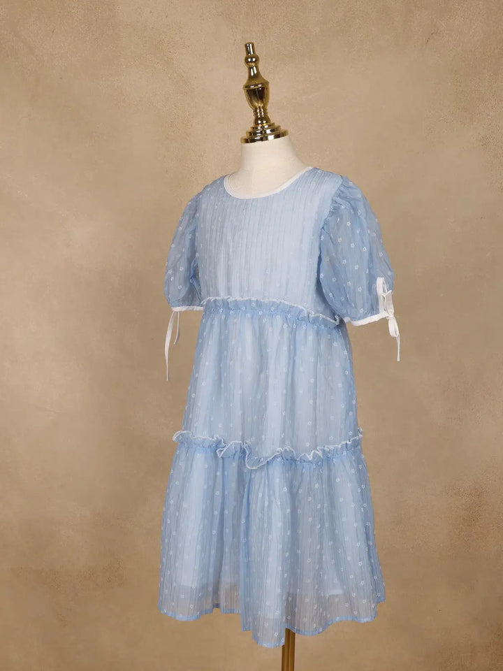 Light Blue Floral Printed Sheer Layered Gown For Girls - Diadem