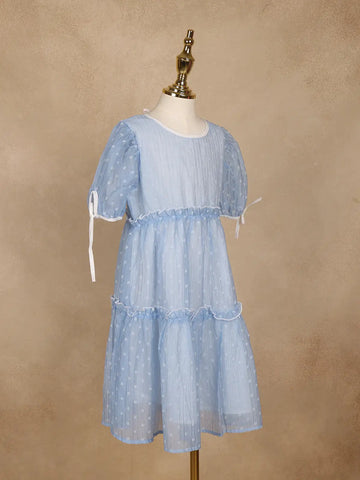 Light Blue Floral Printed Sheer Layered Gown For Girls - Diadem