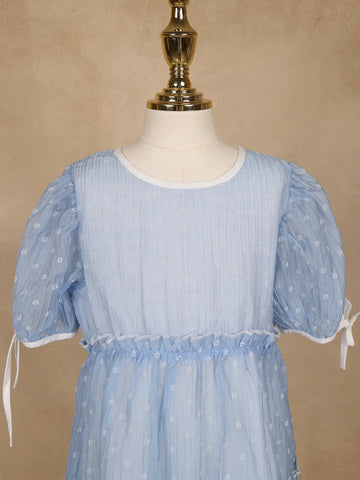 Light Blue Floral Printed Sheer Layered Gown For Girls - Diadem