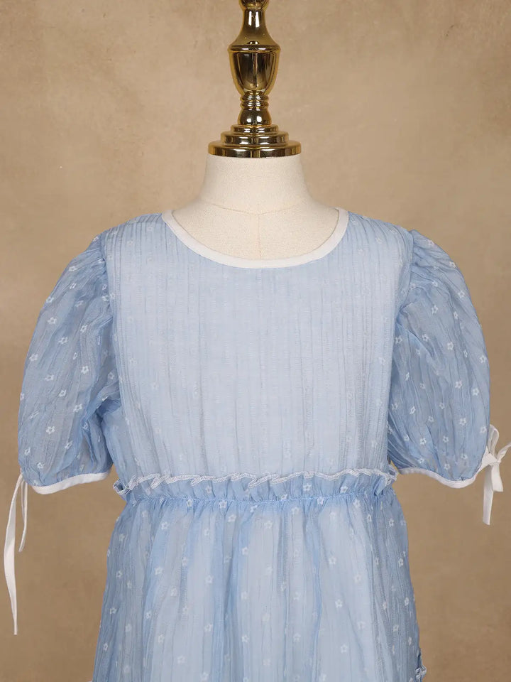 Light Blue Floral Printed Sheer Layered Gown For Girls - Diadem