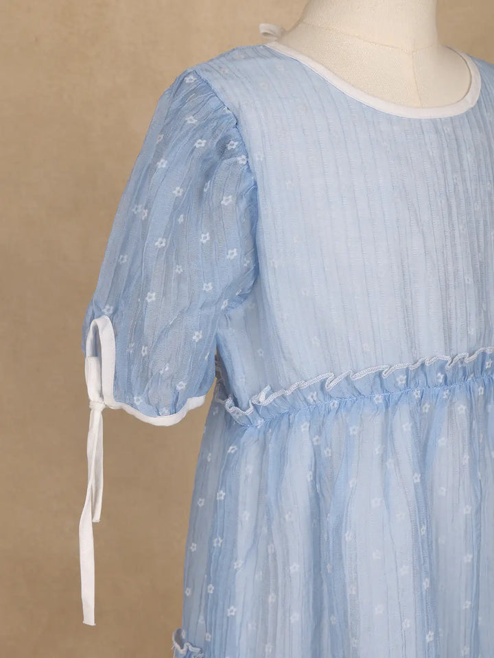 Light Blue Floral Printed Sheer Layered Gown For Girls - Diadem