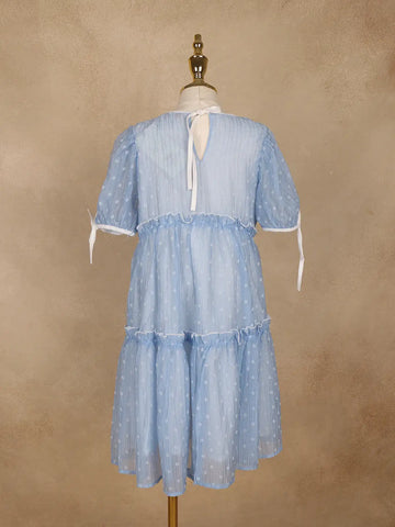 Light Blue Floral Printed Sheer Layered Gown For Girls - Diadem