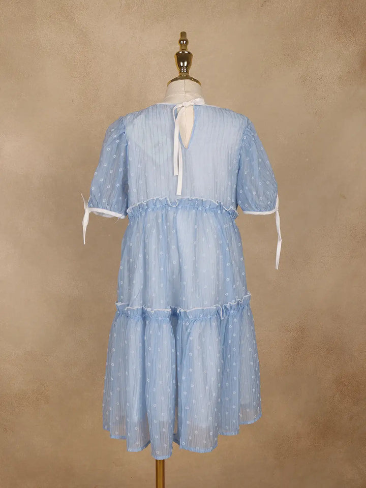 Light Blue Floral Printed Sheer Layered Gown For Girls - Diadem