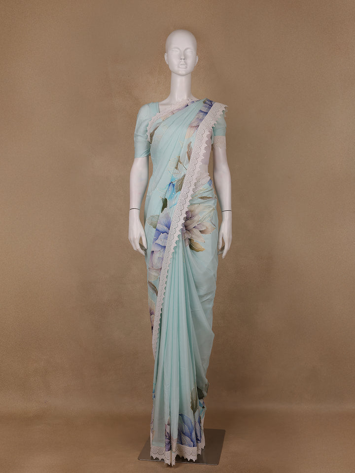 Light Blue Floral Printed Synthetic Saree - Diadem