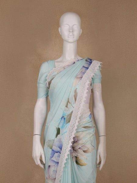 Light Blue Floral Printed Synthetic Saree - Diadem