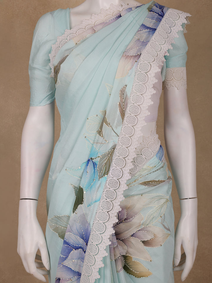 Light Blue Floral Printed Synthetic Saree - Diadem