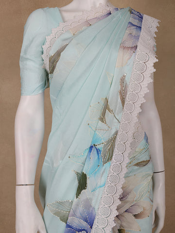 Light Blue Floral Printed Synthetic Saree - Diadem