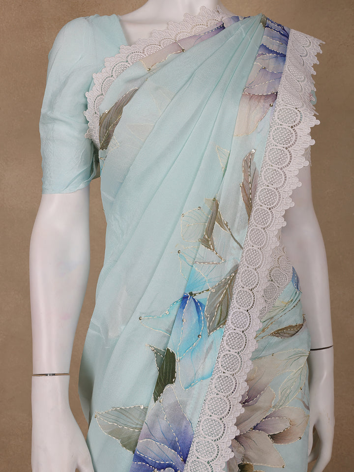 Light Blue Floral Printed Synthetic Saree - Diadem