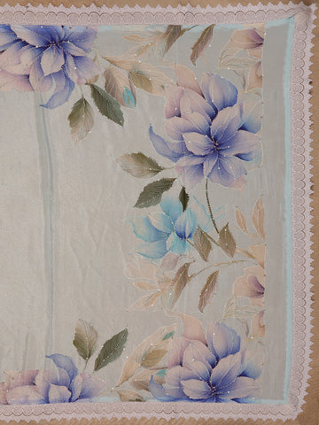Light Blue Floral Printed Synthetic Saree - Diadem