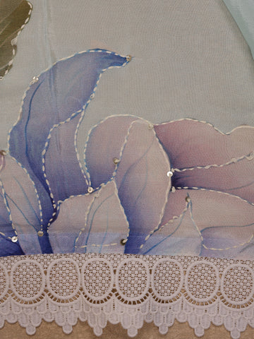 Light Blue Floral Printed Synthetic Saree - Diadem