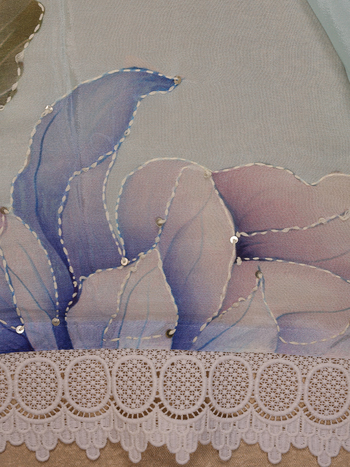Light Blue Floral Printed Synthetic Saree - Diadem