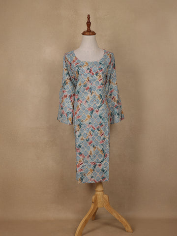Light Blue Geometric Floral Printed Rayon Kurti - Diadem