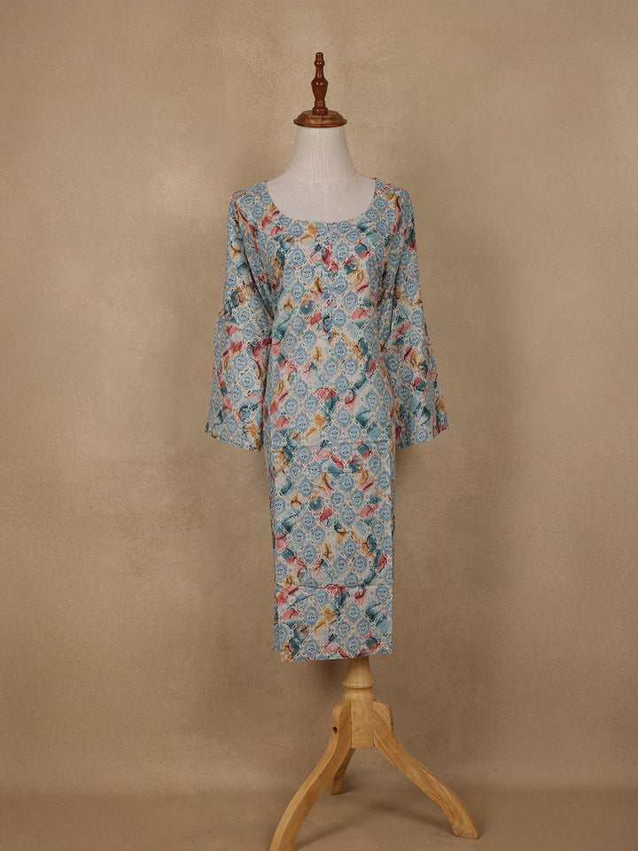 Light Blue Geometric Floral Printed Rayon Kurti - Diadem