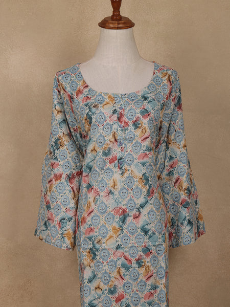 Light Blue Geometric Floral Printed Rayon Kurti - Diadem