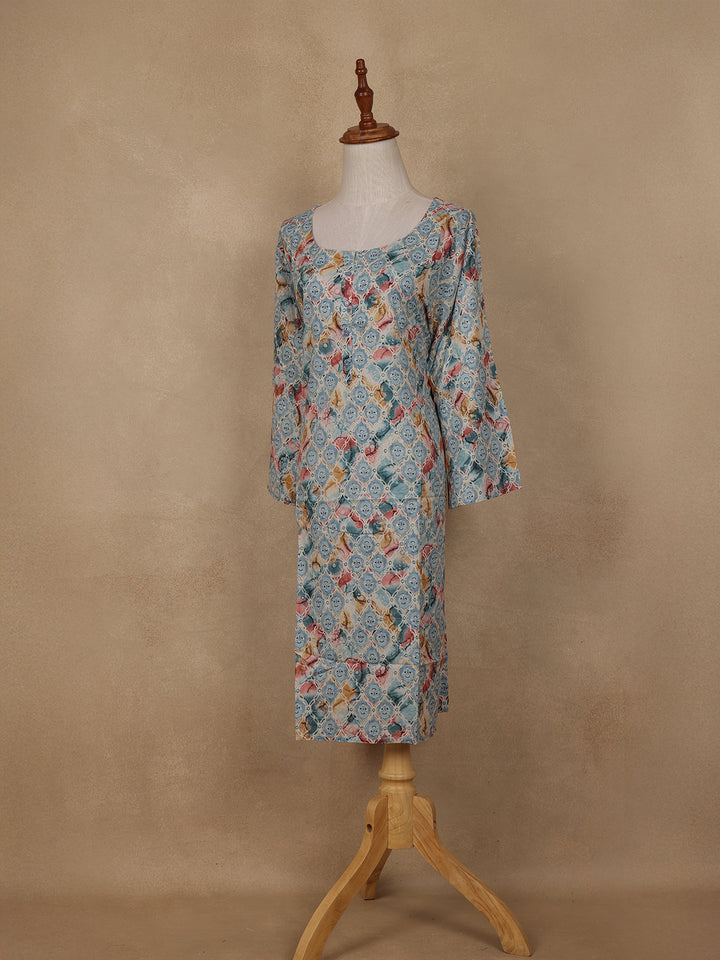 Light Blue Geometric Floral Printed Rayon Kurti - Diadem