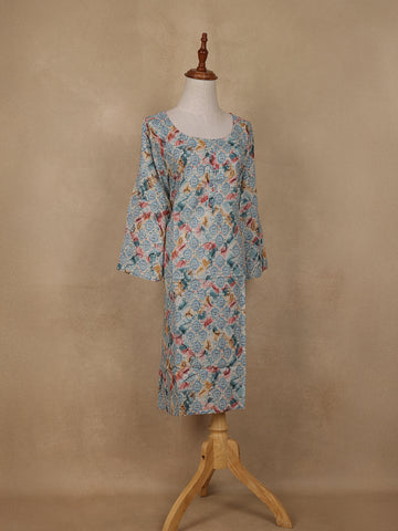 Light Blue Geometric Floral Printed Rayon Kurti - Diadem