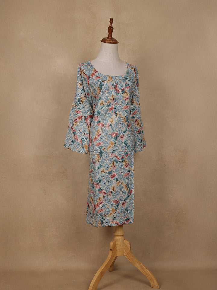 Light Blue Geometric Floral Printed Rayon Kurti - Diadem