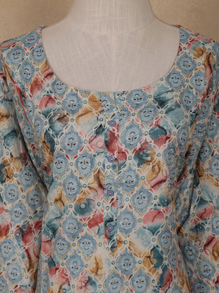 Light Blue Geometric Floral Printed Rayon Kurti - Diadem